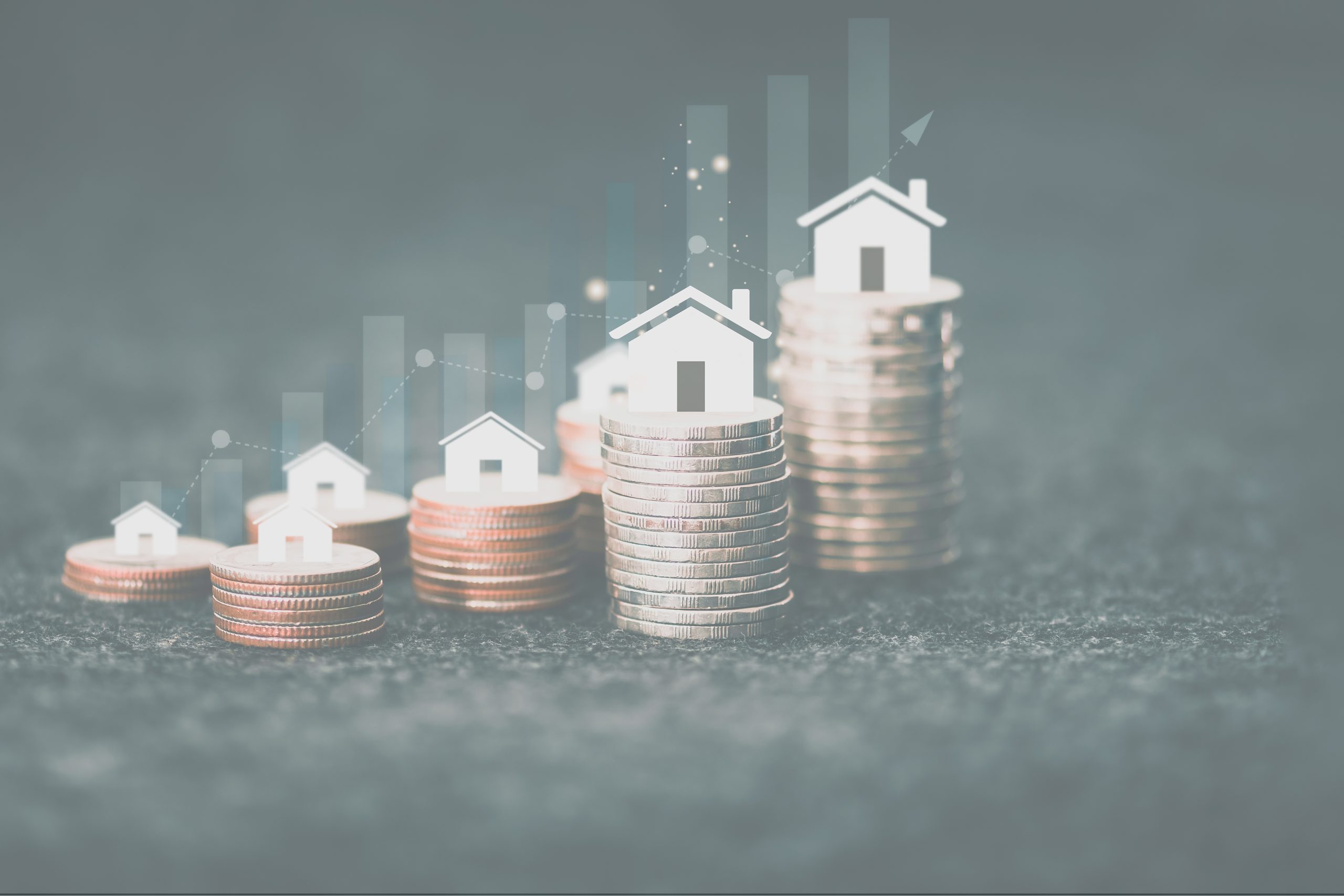 Planning and strategy, rows of coins for finance and business background, progress or successful concept, businessman showing growing real estate stocks, investing in stock market digital assets